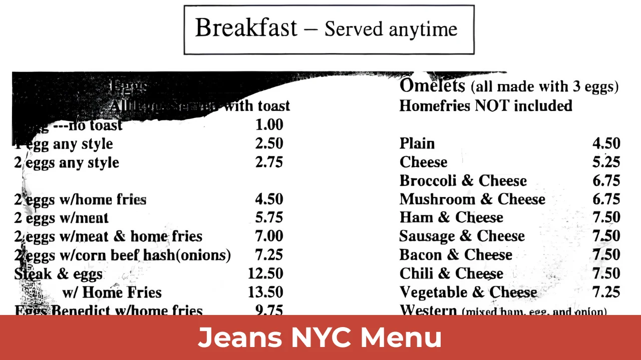 Jeans NYC Menu